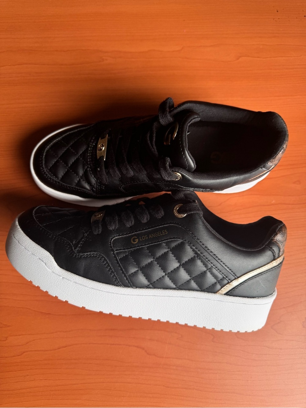 GBG Los Angeles Black Quilted Low-Top Sneakers with White Soles and Gold Accents - Picture 3 of 11